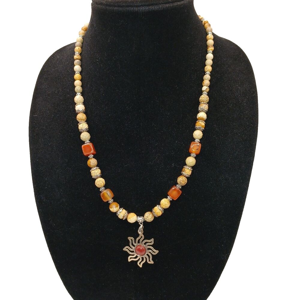 Gemstone Necklace Beads Sunburst Pendant & Clasp Tan Red Colors Silver Tone 23"